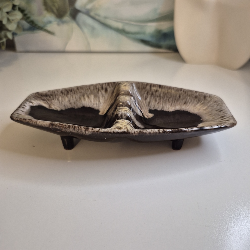 Vintage Ceramic Drip Glaze Ashtray Atomic Boomerang Shape on Feet Evangeline Cda
